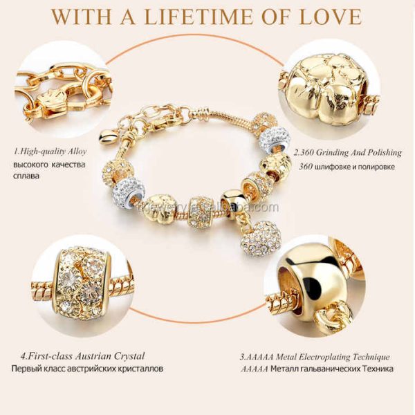 2021 Crystal Heart Bead Bracelet With Gold Color Charm Women Bracelets & Bangles