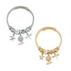 Trendy Gold-Plated Stainless Steel Butterfly Bangle Bracelet with Asscher Cut Diamond and Imitation Pearl Charm