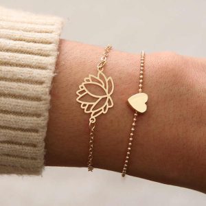 Trendy Alloy Heart and Lotus Charm Bracelet for Women Unisex Fashion Jewelry Gift