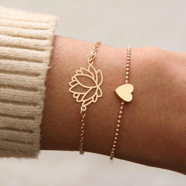 2020 Fashion New Couple Girl Charm Gold love Heart Bracelets Simple Hollow Lotus Anklet Bracelets Women Accessories Wholesale