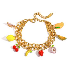 Trendy Gold-color Plated Stainless Steel Charm Bracelet with Fruit Design Double Cross Chain Jewelry for Women