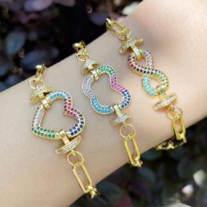 Women's Hot Sale Luxury CZ Chain Link Bracelets Minimalist Gold Plated 18K Heart Shape Adjustable Fashion Charm Bracelets