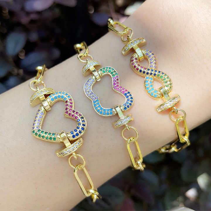 Women's Hot Sale Luxury CZ Chain Link Bracelets Minimalist Gold Plated 18K Heart Shape Adjustable Fashion Charm Bracelets