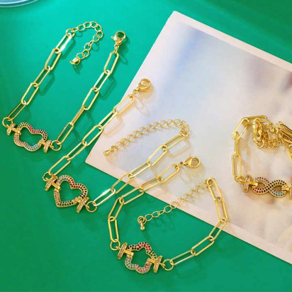 Women's Hot Sale Luxury CZ Chain Link Bracelets Minimalist Gold Plated 18K Heart Shape Adjustable Fashion Charm Bracelets