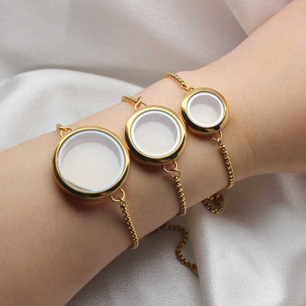 Stainless Steel Gold Plated Adjustable Glass Floating Locket Bracelet for DIY Jewelry Photo Living Memory Charms Locket Bracelet