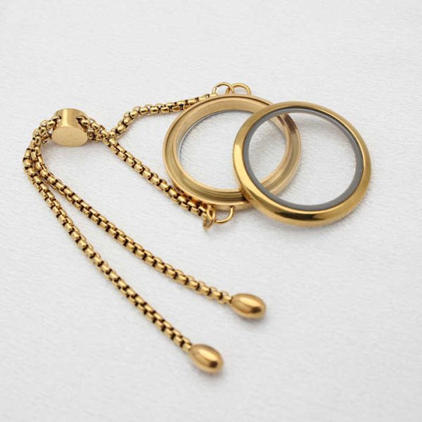 Stainless Steel Gold Plated Adjustable Glass Floating Locket Bracelet for DIY Jewelry Photo Living Memory Charms Locket Bracelet