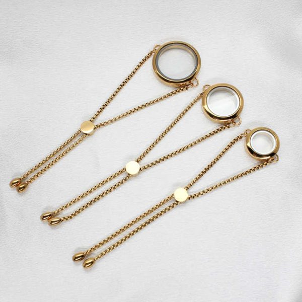 Stainless Steel Gold Plated Adjustable Glass Floating Locket Bracelet for DIY Jewelry Photo Living Memory Charms Locket Bracelet