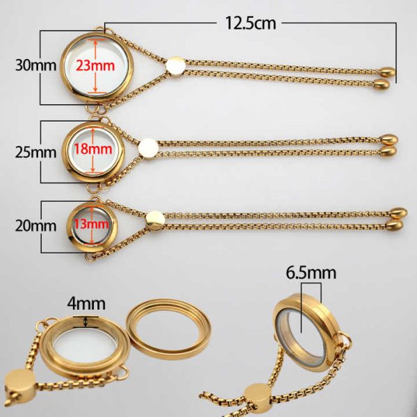 Stainless Steel Gold Plated Adjustable Glass Floating Locket Bracelet for DIY Jewelry Photo Living Memory Charms Locket Bracelet