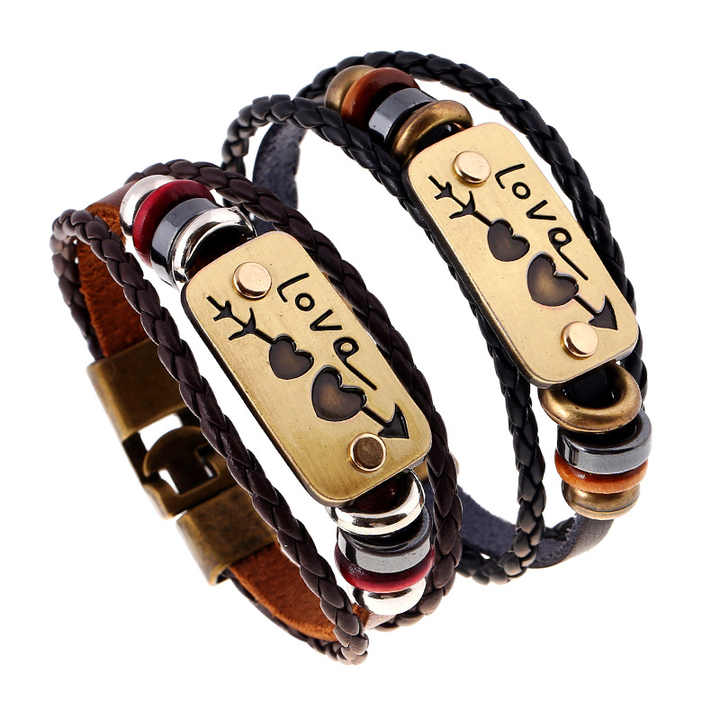 New Fashion Couple Jewelry Lovers Bracelet Charm Double Heart Love Leather Bracelet