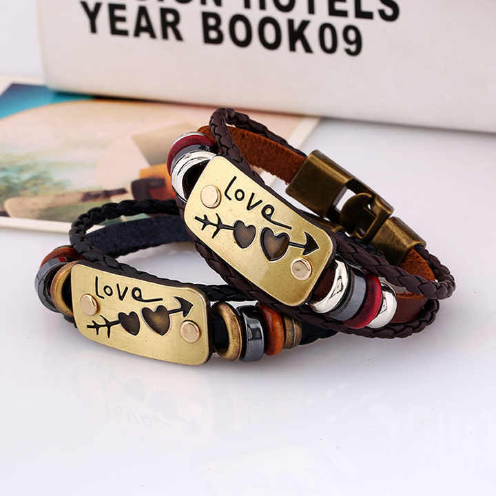 New Fashion Couple Jewelry Lovers Bracelet Charm Double Heart Love Leather Bracelet