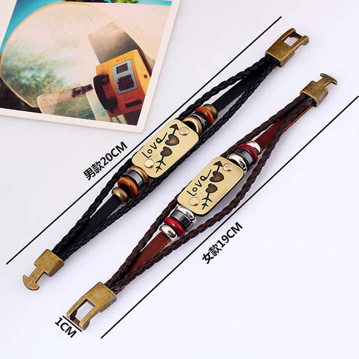 New Fashion Couple Jewelry Lovers Bracelet Charm Double Heart Love Leather Bracelet