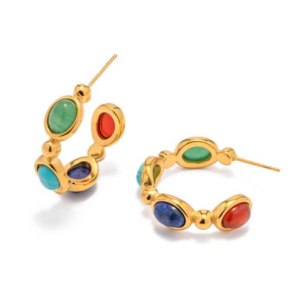 Cute18K Gold Stainless Steel C Shape Statement Earrings for Girls Non Tarnish Titanium Steel Colorful Natural Stone Earrings