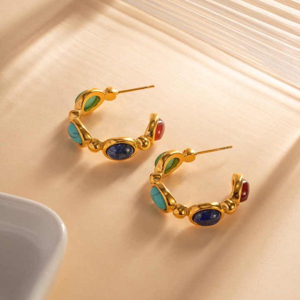 Cute18K Gold Stainless Steel C Shape Statement Earrings for Girls Non Tarnish Titanium Steel Colorful Natural Stone Earrings