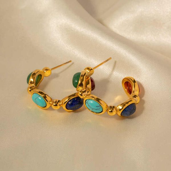 Cute18K Gold Stainless Steel C Shape Statement Earrings for Girls Non Tarnish Titanium Steel Colorful Natural Stone Earrings