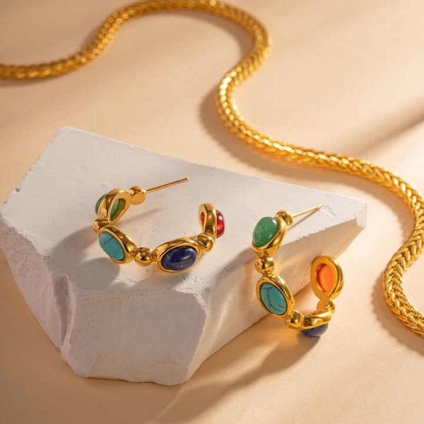 Cute18K Gold Stainless Steel C Shape Statement Earrings for Girls Non Tarnish Titanium Steel Colorful Natural Stone Earrings
