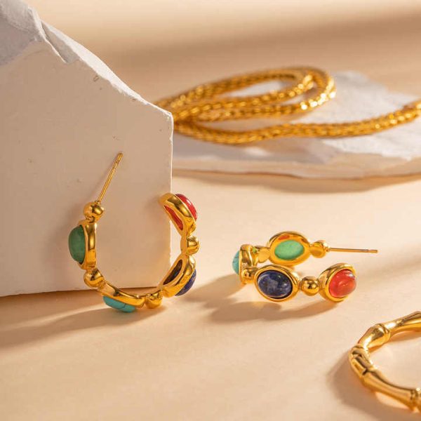 Cute18K Gold Stainless Steel C Shape Statement Earrings for Girls Non Tarnish Titanium Steel Colorful Natural Stone Earrings
