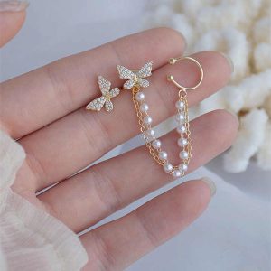 Minimalist Pearl Asymmetric Cuff Earrings for Women Girls Butterfly Tassel Ear Clips Piercing Cuff Earrings Jewelry Gift