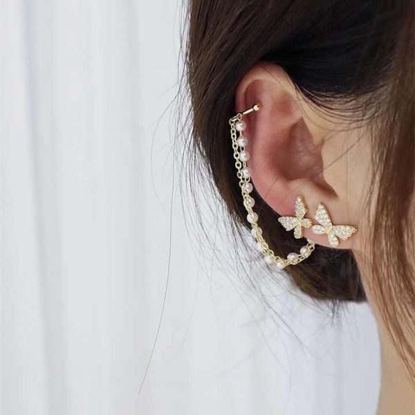 Minimalist Pearl Asymmetric Cuff Earrings for Women Girls Butterfly Tassel Ear Clips Piercing Cuff Earrings Jewelry Gift