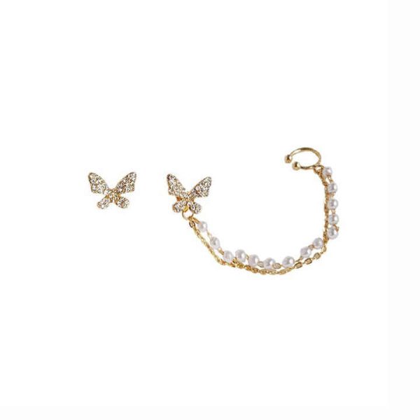 Minimalist Pearl Asymmetric Cuff Earrings for Women Girls Butterfly Tassel Ear Clips Piercing Cuff Earrings Jewelry Gift