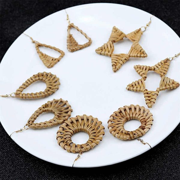 Hot Best Selling Handmade Boho Statement Earrings Natural Rattan Knit Straw Earrings for Women