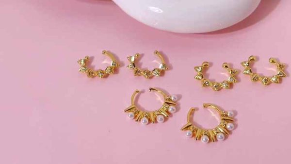 Trendy Brass Gold Plated Cubic Zirconia Non-Piercing Cuff Earrings for Women
