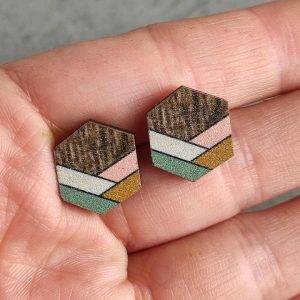 Vintage Hexagonal Wooden Cuff Earrings Bohemian Geometric Studs for Beach Party Wedding