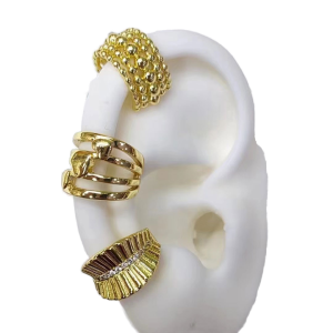 Vintage Gold Plated Brass Cuff Earrings with Zircon Bezel Setting for Unisex Gift