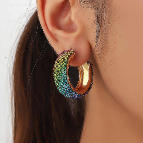 Hot Bling Bling Rainbow Crystal Earrings With Full Pave Rhinestone C-Shaped Stud Earrings