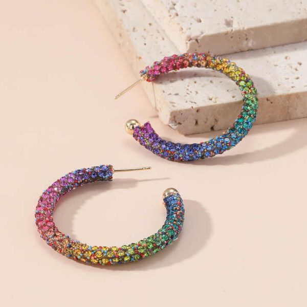 Hot Bling Bling Rainbow Crystal Earrings With Full Pave Rhinestone C-Shaped Stud Earrings