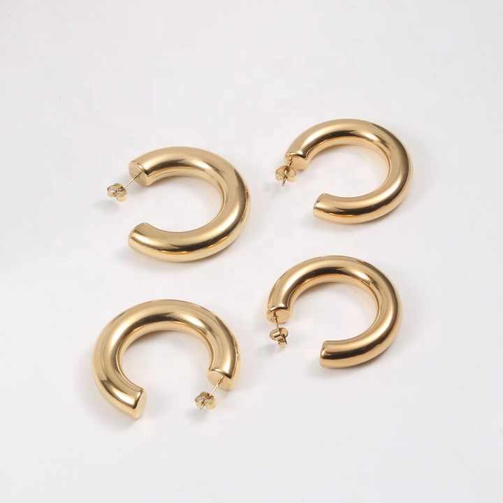 Fashion Jewelry 18K Gold Plated Stainless Steel Round C Shape Empty Tube Large Statement Earrings