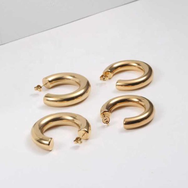 Fashion Jewelry 18K Gold Plated Stainless Steel Round C Shape Empty Tube Large Statement Earrings