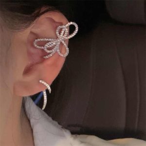 Trendy Micro Insert Crystal Butterfly Bow Elf Ear Cuff Clip Earrings - Alloy & Crystal Jewelry for Women