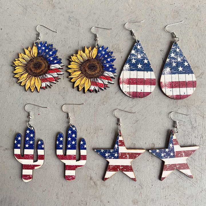 Wooden Earrings, 2025 USA Latest Design American National Day Wooden Earrings