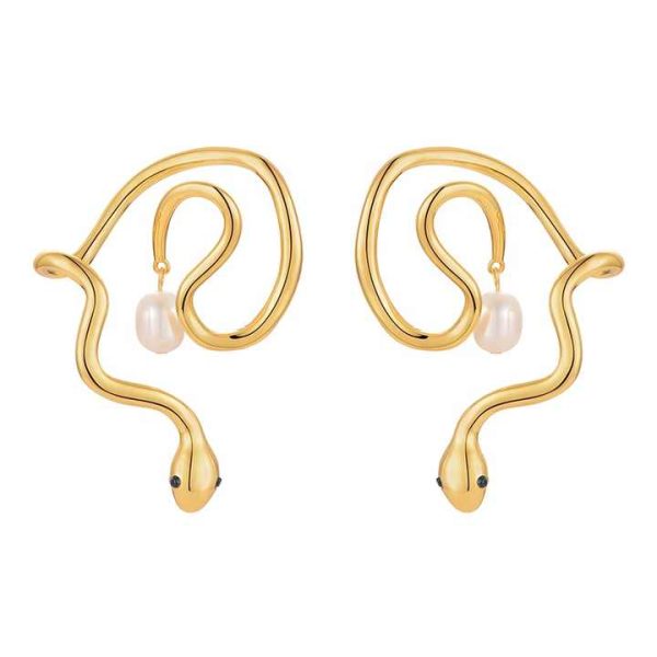 Original Design 18K Gold Plated Brass Jewelry Snake Shape Natural Pearl Ear Clip Party Accessories Earrings E221379
