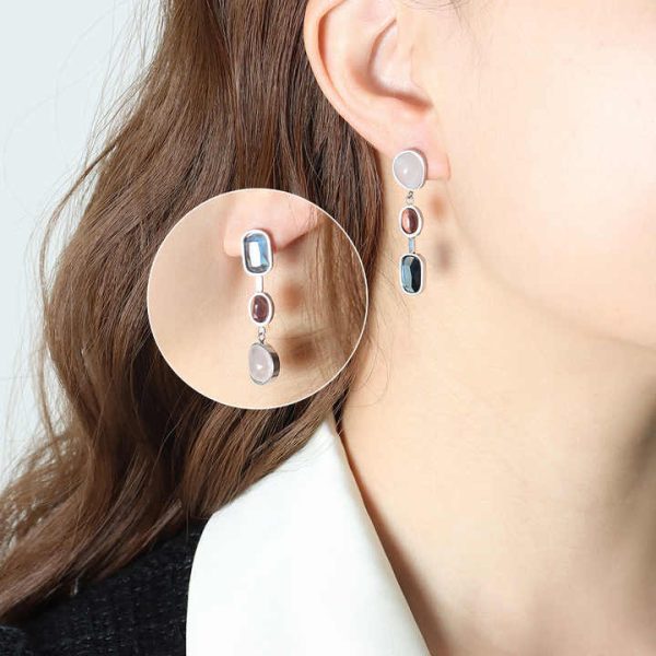 Waterproof Fashion Drop Earrings Stainless Steel Non-fading Earrings Asymmetric Crystal Colorful Earrings for Women