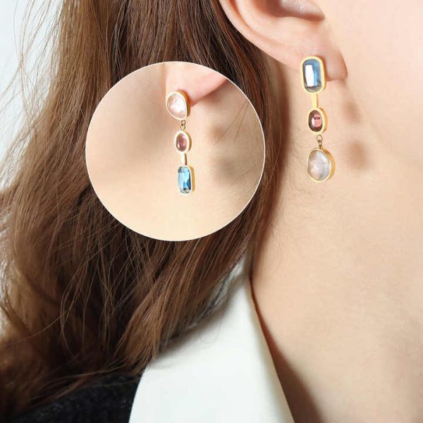 Waterproof Fashion Drop Earrings Stainless Steel Non-fading Earrings Asymmetric Crystal Colorful Earrings for Women