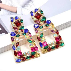 New Long Metal Hollowed-out Hanging Colorful Crystals Dangle Drop Geometric Square Earrings for Women