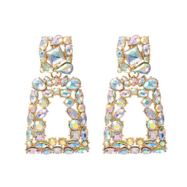 New Long Metal Hollowed-out Hanging Colorful Crystals Dangle Drop Geometric Square Earrings for Women