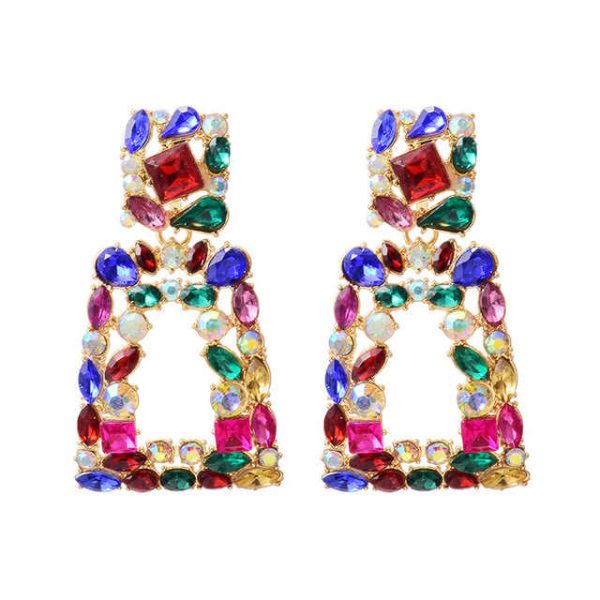 New Long Metal Hollowed-out Hanging Colorful Crystals Dangle Drop Geometric Square Earrings for Women