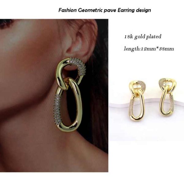 JIACHEN New Fashion Geometric Shape Pave Cz18k Gold Plated Drop Hiphop Earring for Women