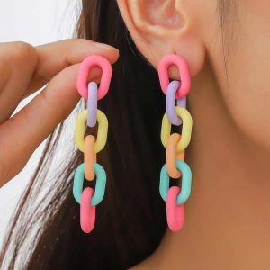 Women's Macaron Long Link Chain Acrylic Earrings Spring Summer Candy Color U Shape Twisted Chain Fashion Drop Style for Girls
