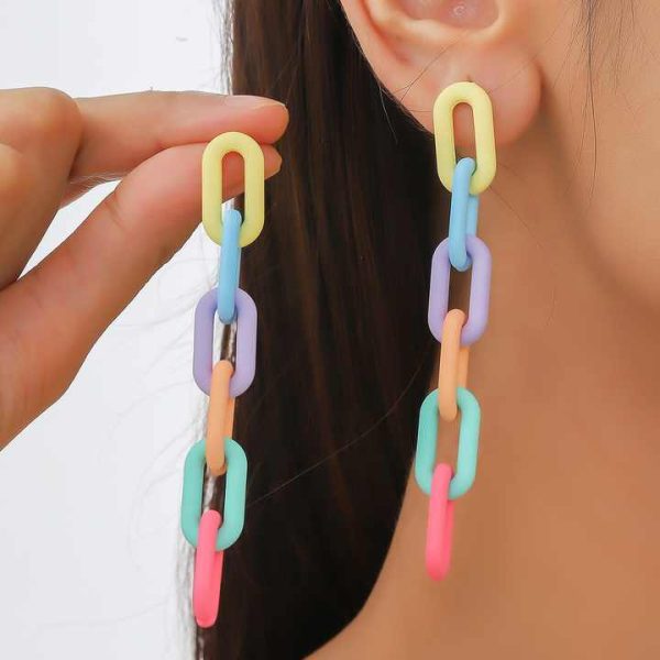 Women's Macaron Long Link Chain Acrylic Earrings Spring Summer Candy Color U Shape Twisted Chain Fashion Drop Style for Girls