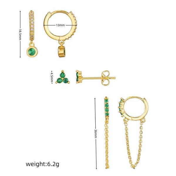 Fashion Green CZ Earrings Set Clover Stud Emerald Chain Hoop Iced Out Drop Earrings 3Pair/Set for Women