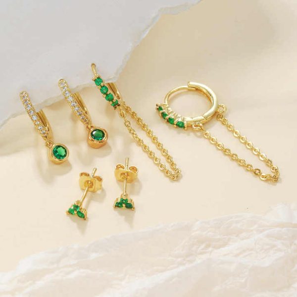 Fashion Green CZ Earrings Set Clover Stud Emerald Chain Hoop Iced Out Drop Earrings 3Pair/Set for Women
