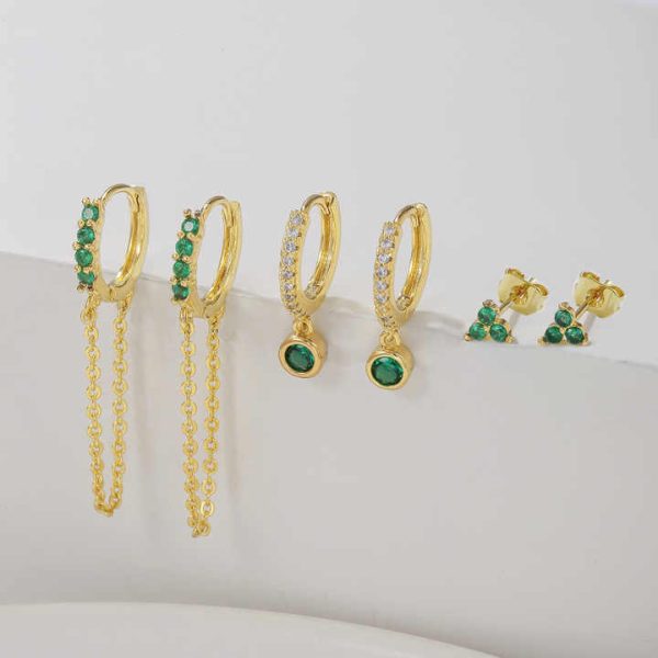 Fashion Green CZ Earrings Set Clover Stud Emerald Chain Hoop Iced Out Drop Earrings 3Pair/Set for Women
