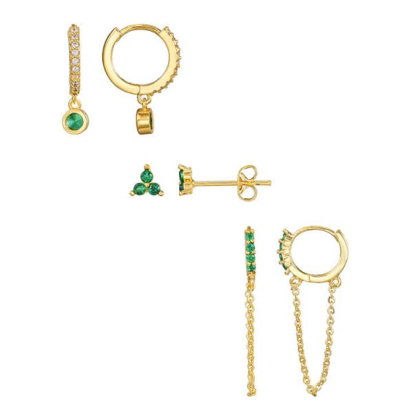 Fashion Green CZ Earrings Set Clover Stud Emerald Chain Hoop Iced Out Drop Earrings 3Pair/Set for Women