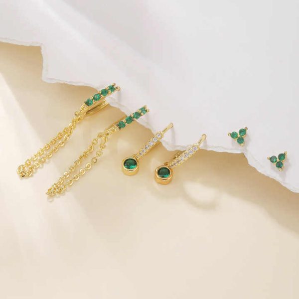 Fashion Green CZ Earrings Set Clover Stud Emerald Chain Hoop Iced Out Drop Earrings 3Pair/Set for Women