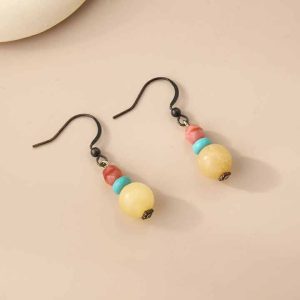 Vintage Turquoise and Agate Huggie Drop Earrings for Women, Czech Bead Anniversary Gift Jewelry