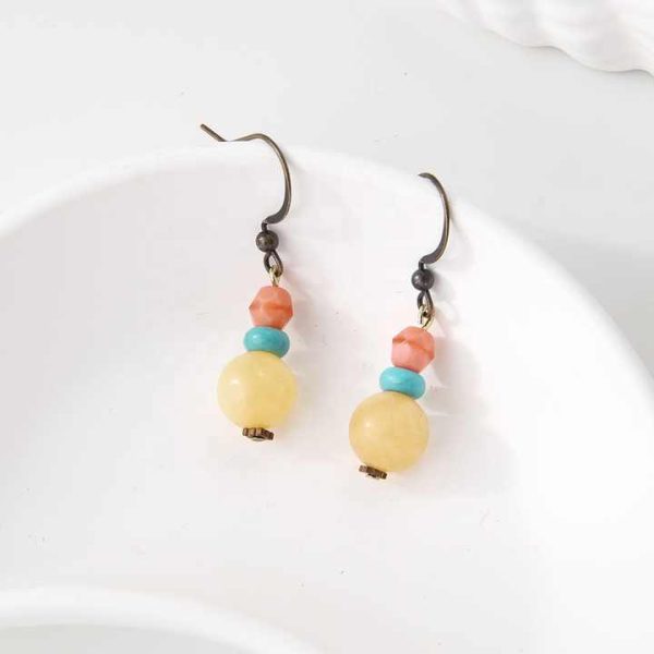 Classic Retro Trend Drop Earrings Natural Turquoise and Yellow Agate Gemstone Czech Beads Fashion Jewelry