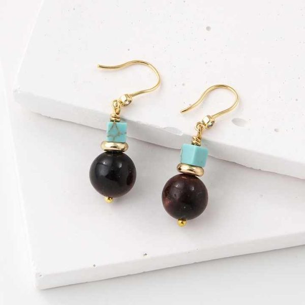 Classic Retro Trend Drop Earrings Natural Turquoise and Yellow Agate Gemstone Czech Beads Fashion Jewelry